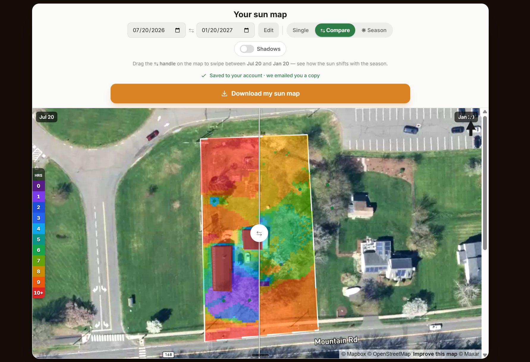 Rainbow sun map of a real yard — full shade in purple through full sun in red